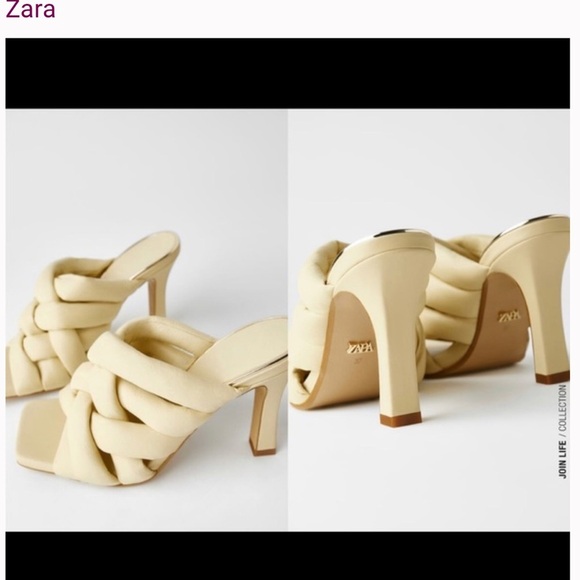 Zara padded woven leather heeled mules, cream yellow 40 square toe - Picture 4 of 8